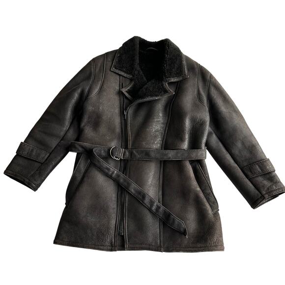 Tanco VTG Genuine Shearling Belted Black Trench Cut Asymmetric Zip Jacket S - Picture 1 of 13